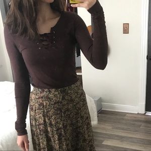 AEO Burgundy Lace-Up Long Sleeve Top